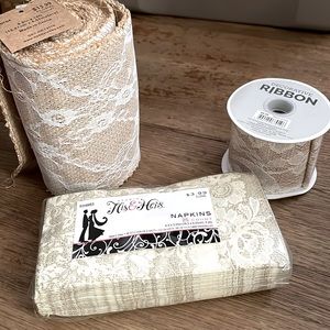 NWT Burlap and lace ribbon & napkins